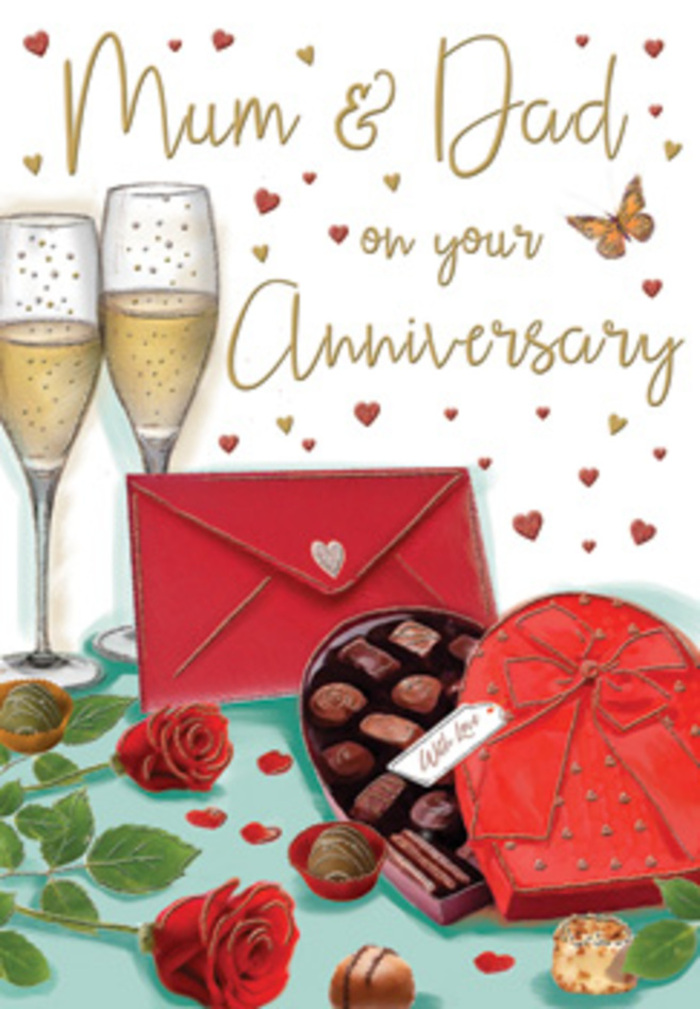 Detailed anniversary card illustration capturing a cosy, celebratory moment for Mum and Dad, imagined through the lens of a Thames Ditton florist who loves both flowers and family gatherings. The central focus is a pair of champagne flutes, tall and slender, their glass crystal-clear and edged with soft highlights, filled with golden, effervescent champagne that seems to glow from within, like the warm light spilling from homes near Weston Green on an autumn evening. Just below, a heart-shaped chocolate box, rich red and beautifully finished, lies open to reveal an assortment of neatly arranged chocolates, each piece shaded to show its rounded edges and inviting texture. The lid is adorned with an extravagant red bow that curls and folds with lifelike depth, evoking the careful tying of ribbon on an anniversary bouquet. To one side, two perfect red roses rest on the table, their velvety petals layered in deep crimson tones, contrasted against glossy green leaves that curve naturally, as if freshly placed by a florist just back from a delivery run around Speer Road. A classic scarlet envelope, sealed with a small heart motif, sits close by, hinting at a handwritten message full of memories and gratitude. Scattered gold and crimson hearts float across the scene, along with swirling accents that frame the Mum & Dad inscription in a way that feels playful yet respectful. The palette is dominated by reds, golds, and warm neutrals, creating a rich, indulgent feel. Altogether, the card radiates a sense of enduring love, shared treats, and quiet, cherished rituals that make an anniversary in Thames Ditton feel personal and deeply special.