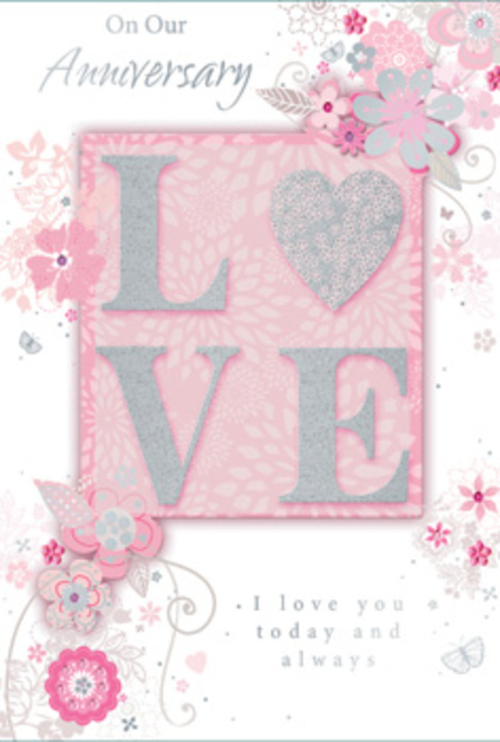 This anniversary card is captured in soft, even lighting, allowing every delicate detail to be seen clearly, much like viewing a carefully arranged bouquet on a calm morning in Thames Ditton. Across the front, the word LOVE stands as the main motif, printed in a frosted glitter finish that shimmers subtly in blush pink and silvery white. Each letter is gently raised from the cardstock, creating a pleasing tactile contrast against the smooth surface beneath, so that running a finger over the word feels similar to brushing past textured flower petals or satin ribbon. The background is a gentle wash of blush pink, neither bright nor dull, more like the inside of a pale rose than a flat block of colour. Along the borders and corners of the card, wispy, hand-drawn blooms drift in shades of pink, lilac-tinted grey, and creamy ivory. These flowers are not heavy or crowded; instead, they appear to float, connected by fine filigree lines and slender leaves that twine gracefully around the central lettering. Tiny, near-hidden butterflies and delicate flourishes peek out from between petals, suggesting the flutter of hearts on an anniversary evening walk by the River Thames. The drawing style feels like a florist's quick yet confident sketch, capturing the impression of blossoms rather than a strict botanical study. Near the lower portion of the design, though partially obscured in the image, a simple yet heartfelt message-I love you today and always-is set in understated, graceful type, complementing the artistry without overpowering it. The overall effect is that of a hand-tied bouquet translated into paper: light, romantic, and quietly expressive, well suited to couples marking a cherished anniversary in the Thames Ditton area.