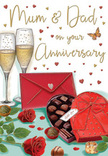 Warm, romantic anniversary card illustration portraying a carefully composed scene that celebrates Mum and Dad, described with the gentle detail of a florist who knows Thames Ditton families well. At the heart of the design, two slender champagne flutes stand in intimate proximity, their transparent glass finely outlined as tiny golden bubbles rise, suggesting a celebratory toast at the end of a family meal near Boyle Farm. In front, a heart-shaped box of chocolates is shown open, revealing rows of plump, indulgent truffles, each varying subtly in tone to suggest different flavours and fillings. The rich red lid, finished with a broad, looping bow, curls with a sense of softness and luxury, echoing the rounded form of the chocolates below. Resting on the tabletop are two deep red roses, their petals full and velvety, with fresh green foliage providing a cool contrast-just the sort of classic stems a parent might receive with an anniversary card ordered for same-day delivery across Thames Ditton. A bright scarlet envelope, sealed and slightly angled, suggests a handwritten message full of affection and family stories, ready to be opened and read aloud. Around the main elements, delicate golden and crimson hearts and decorative swirls float lightly, framing the Mum & Dad message and adding a sense of movement and joy. The overall colour scheme of ruby reds, warm golds, and gentle highlights creates a cosy, indulgent atmosphere, evoking the scent of roses, the taste of chocolate, and the warmth of a partnership that has weathered the years together beside the river.